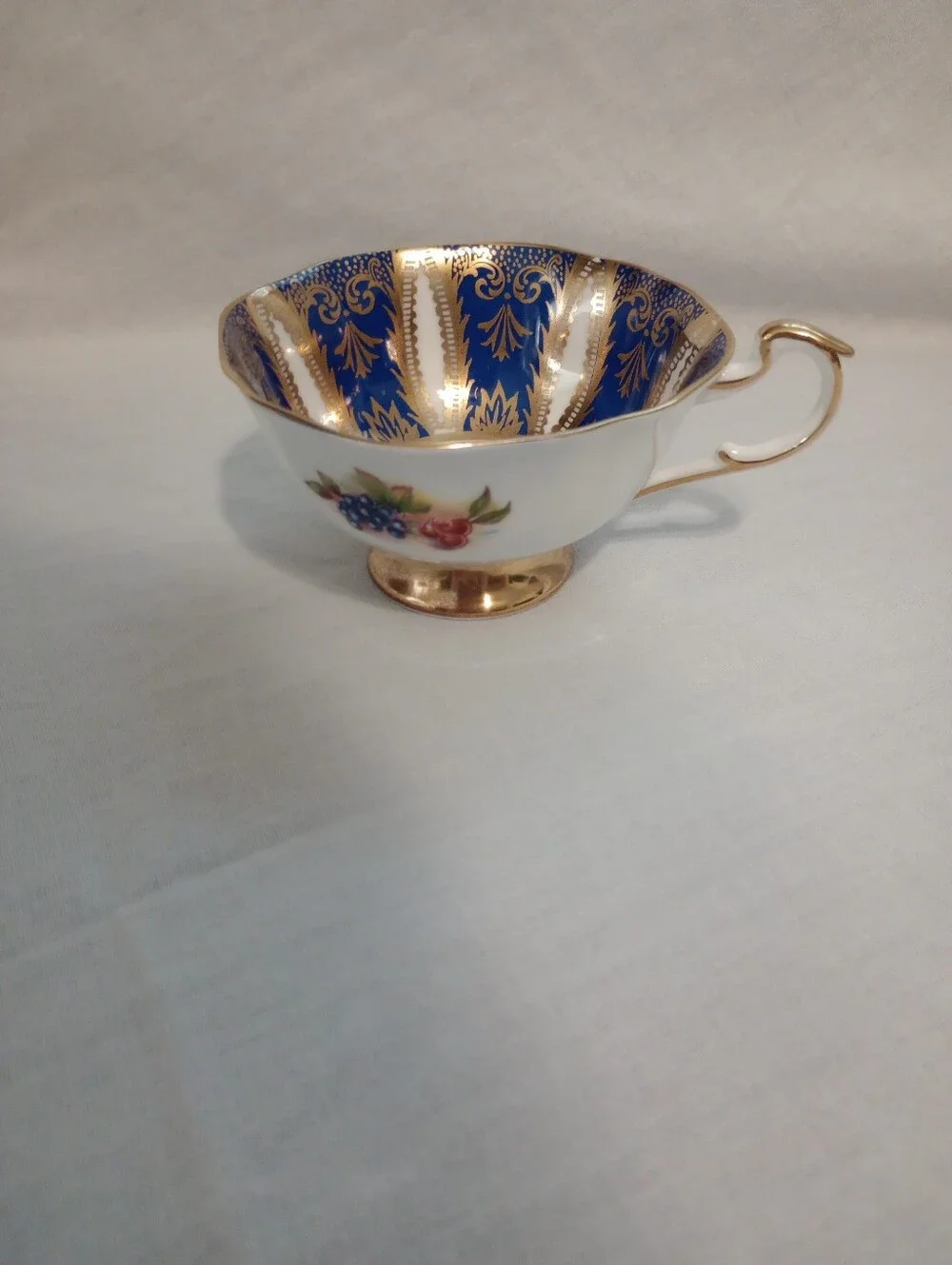 Paragon Blue & Gold Her Majesty's Cup & Saucer Fruit Pattern